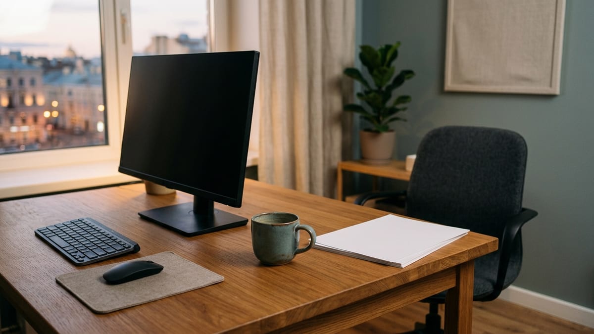 Рабочий стол в офисе в конце дня: погашенный монитор, стопка бумаг, кружка, стул отодвинут