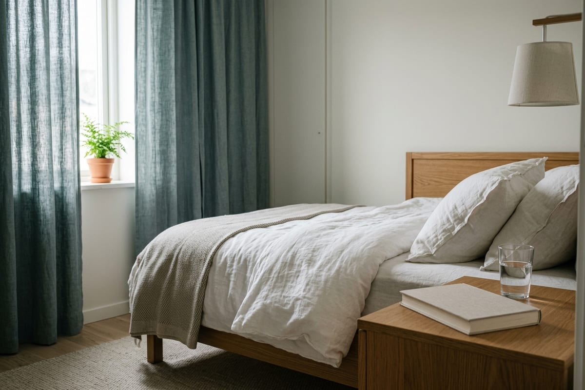 Спальня днём: заправленная кровать, шторы наполовину задёрнуты, на тумбе книга и стакан воды